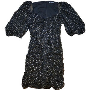 ZARA Polka Dot Mesh Ruched Dress M Puff Sleeve Square Neck Bodycon Retro Y2K